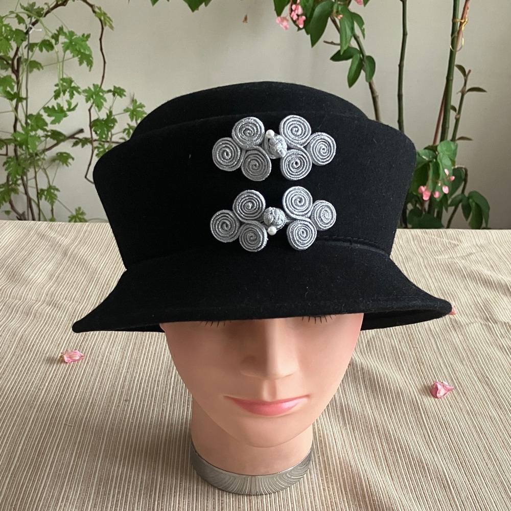 Elegant Black Wool Hat with Metallic Silver Knot Accents